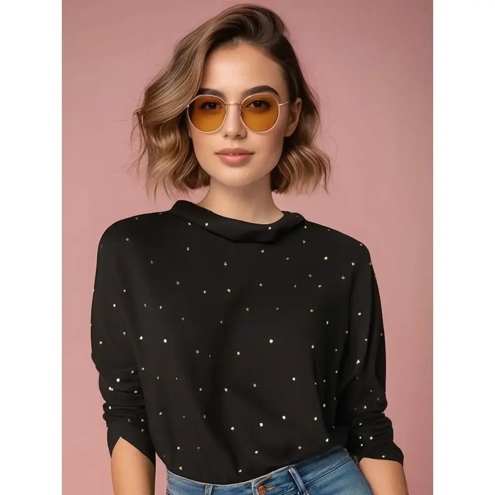 Richard Sport Women's Large Black Long Sleeve Blouse w/ Pearl Embellishments‎